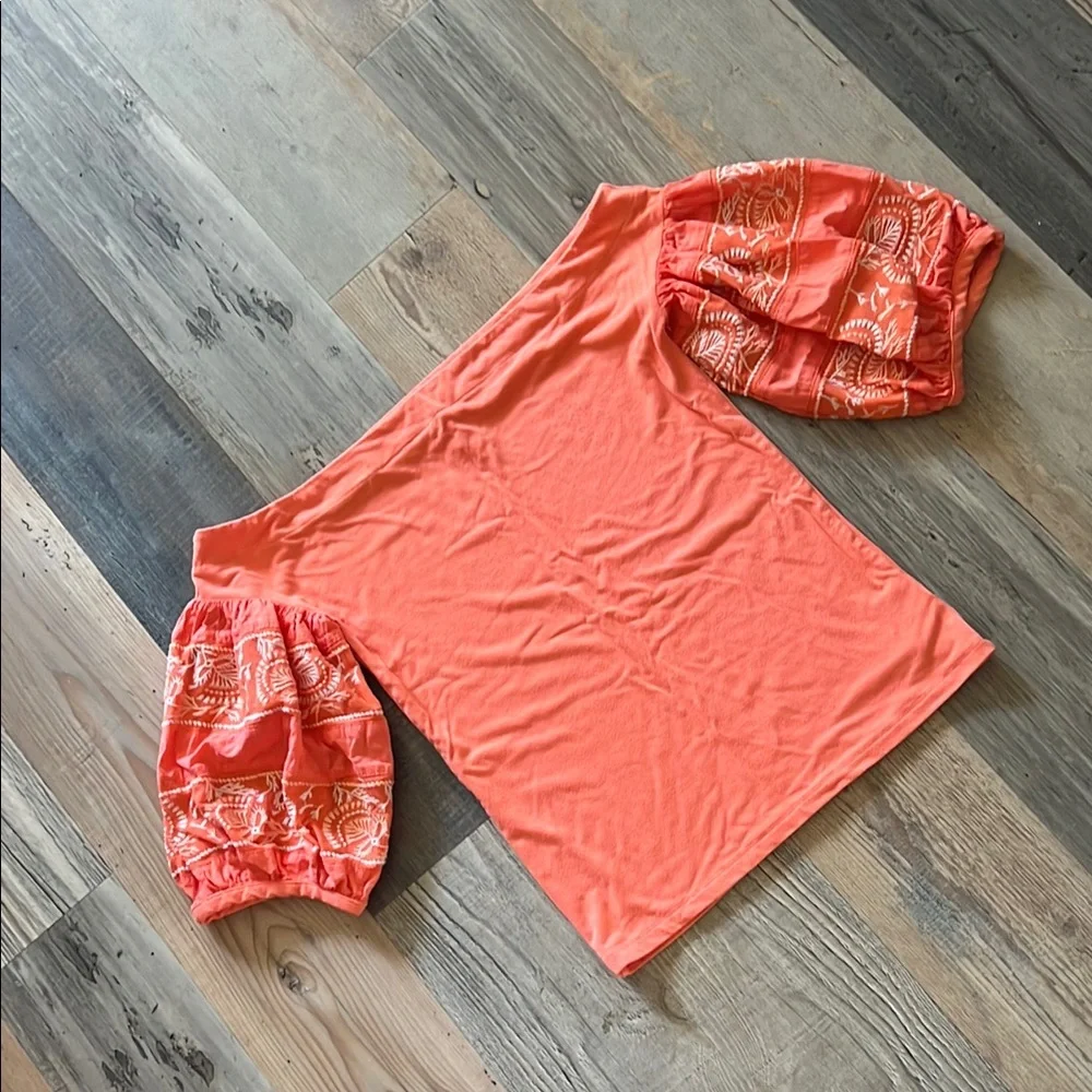 Free People Women's Embroidered Puff Sleeve Top in Orange Size: Small (S)